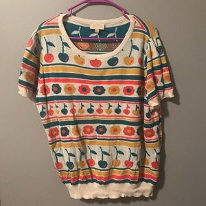 Modcloth 2X Short Sleeve Sweater, Cherry, Flower